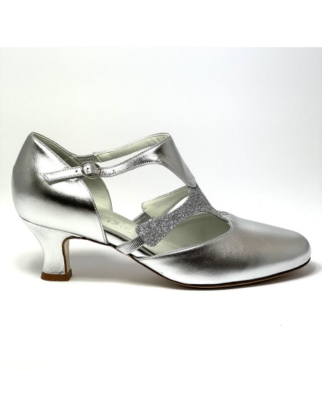 Scarpa da ballo donna ballo da sala liscio latino tango pelle argento glitter argento memory suola cuoio pomiciato tacco 50
