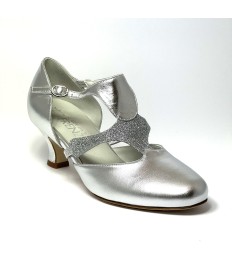 Scarpa da ballo donna ballo da sala liscio latino tango pelle argento glitter argento memory suola cuoio pomiciato tacco 50