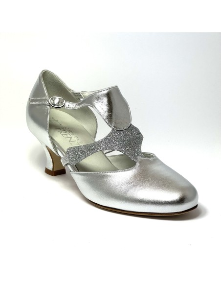 Scarpa da ballo donna ballo da sala liscio latino tango pelle argento glitter argento memory suola cuoio pomiciato tacco 50