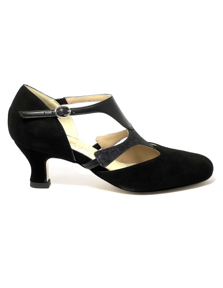 Scarpa da ballo donna ballo da sala liscio latino tango camoscio glitter pelle nera memory suola cuoio pomiciato tacco 50