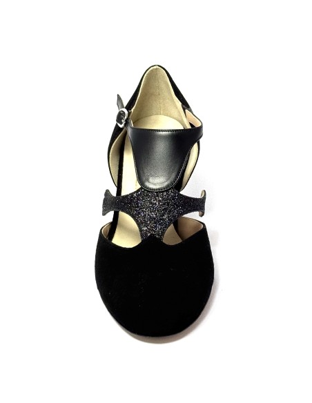 Scarpa da ballo donna ballo da sala liscio latino tango camoscio glitter pelle nera memory suola cuoio pomiciato tacco 50