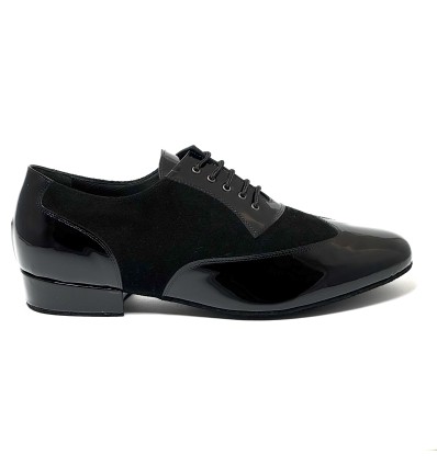 Scarpa da ballo uomo ballo da sala liscio tango latino sottopiede memory vernice nera camoscio nero suola bufalo tacco 25