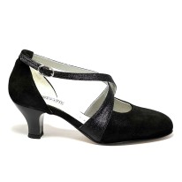 Scarpa da ballo donna ballo da sala liscio latino tango nabuk polvere nero glitter nero suola cuoio pomiciato tacco 50