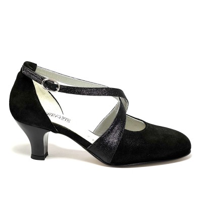 Scarpa da ballo donna ballo da sala liscio latino tango nabuk polvere nero glitter nero suola cuoio pomiciato tacco 50