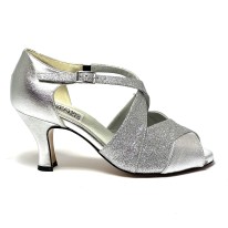 Scarpa da ballo donna latino americano ballo da sala liscio pelle glitter argento suola cuoio pomiciato tacco 70 rocchetto