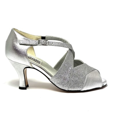 Scarpa da ballo donna latino americano ballo da sala liscio pelle glitter argento suola cuoio pomiciato tacco 70 rocchetto