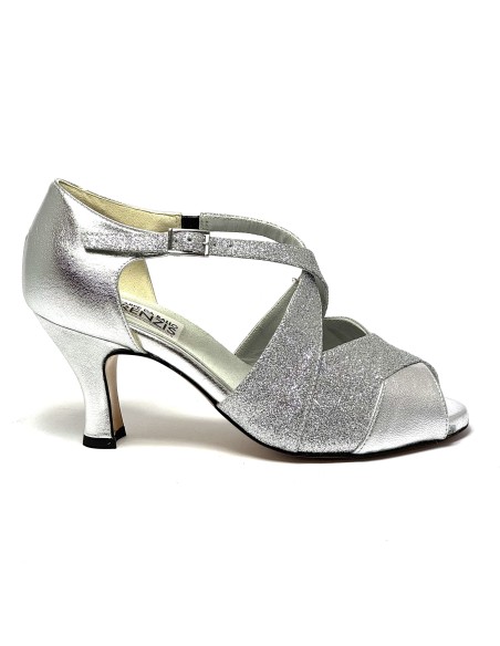 Scarpa da ballo donna latino americano ballo da sala liscio pelle glitter argento suola cuoio pomiciato tacco 70 rocchetto
