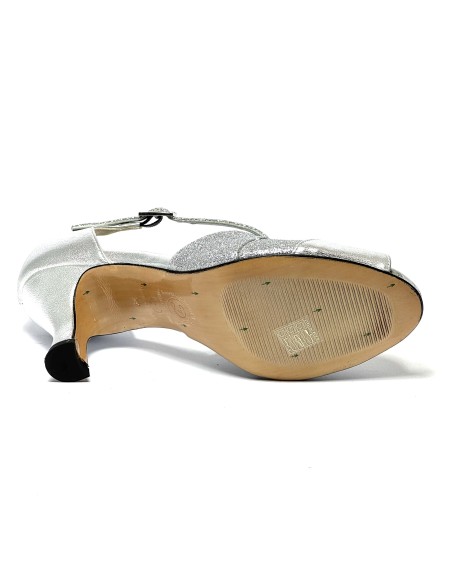 Scarpa da ballo donna latino americano ballo da sala liscio pelle glitter argento suola cuoio pomiciato tacco 70 rocchetto