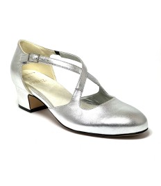 Scarpe da ballo donna ballo da sala liscio punta chiusa pelle argento suola cuoio pomiciato tacco 30 largo