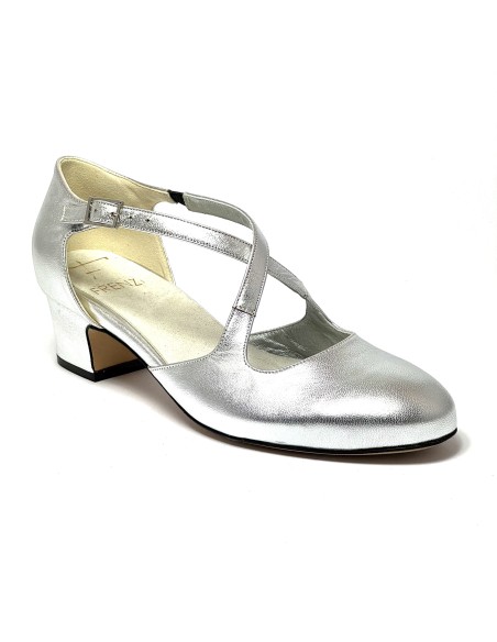 Scarpe da ballo donna ballo da sala liscio pelle argento suola cuoio pomiciato tacco 30 largo