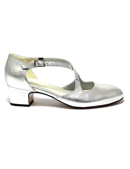 Scarpe da ballo donna ballo da sala liscio pelle argento suola cuoio pomiciato tacco 30 largo