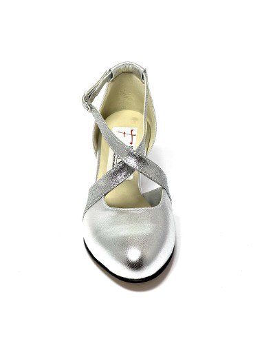 Scarpa da ballo donna ballo da sala liscio pelle glitter argento suola cuoio pomiciato tacco 50