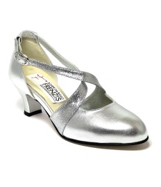 Scarpa da ballo donna ballo da sala liscio pelle glitter argento suola cuoio pomiciato tacco 50