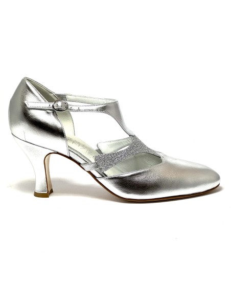 Scarpa da ballo donna ballo da sala liscio pelle glitter argento suola cuoio tacco 70 rocchetto