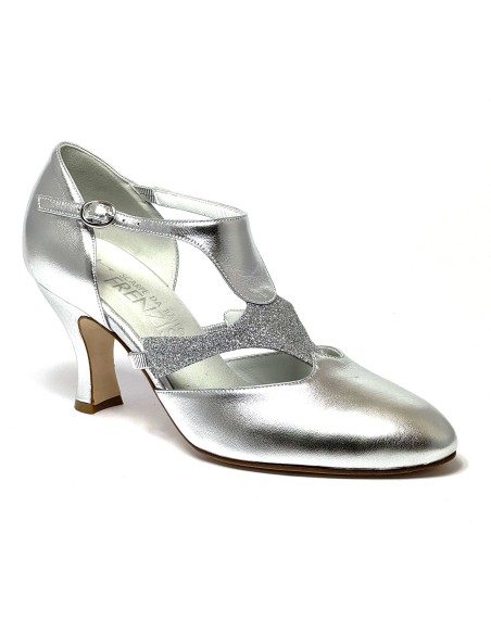 Scarpa da ballo donna ballo da sala liscio pelle glitter argento suola cuoio tacco 70 rocchetto