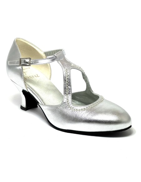 Scarpa da ballo donna ballo da sala liscio pelle argento strass suola bufalo tacco 50 rocchetto