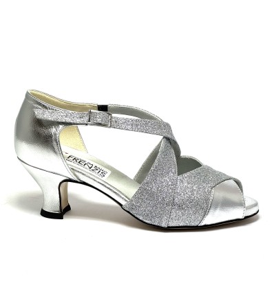 Scarpa da ballo donna latino americano ballo da sala liscio pelle glitter argento suola cuoio pomiciato tacco 50 rocchetto