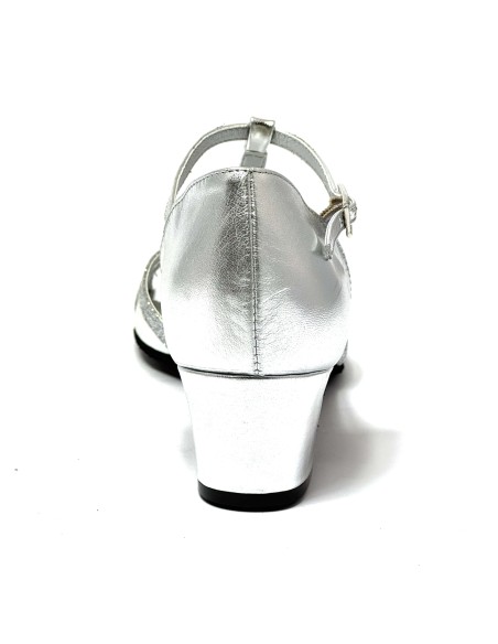 Scarpa da ballo donna latino americano ballo da sala liscio pelle argento glitter argento suola bufalo tacco 40 largo