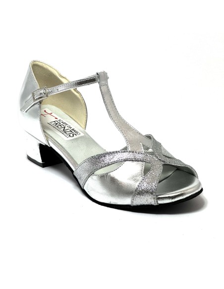 Scarpa da ballo donna latino americano ballo da sala liscio pelle argento glitter argento suola bufalo tacco 40 largo