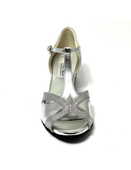 Scarpa da ballo donna latino americano ballo da sala liscio pelle argento glitter argento suola bufalo tacco 40 largo