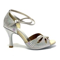 Scarpa da ballo donna latino americano tango argentino ballo da sala liscio raso argento strass suola bufalo tacco 90