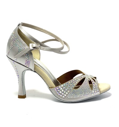 Scarpa da ballo donna latino americano tango argentino ballo da sala liscio raso argento strass suola bufalo tacco 90