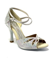 Scarpa da ballo donna latino americano tango argentino ballo da sala liscio raso argento strass suola bufalo tacco 90