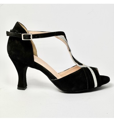 Scarpa da ballo donna latino americano ballo da sala liscio camoscio nero glitter argento suola cuoio tacco 70 rocchetto