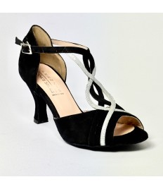 Scarpa da ballo donna latino americano ballo da sala liscio camoscio nero glitter argento suola cuoio tacco 70 rocchetto