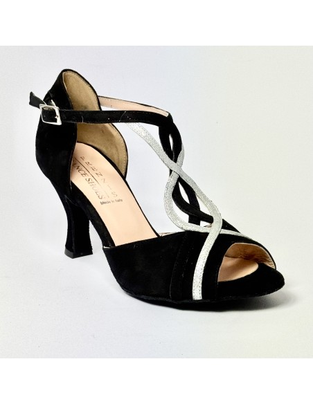 Scarpa da ballo donna latino americano ballo da sala liscio camoscio nero glitter argento suola cuoio tacco 70 rocchetto