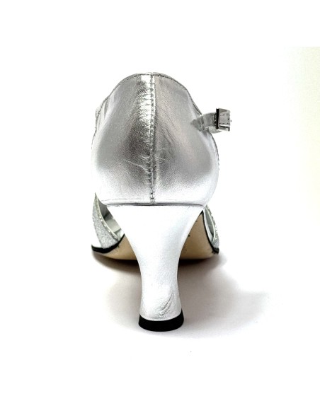 Scarpa da ballo donna latino americano ballo da sala liscio pelle glitter argento suola cuoio tacco 70 rocchetto