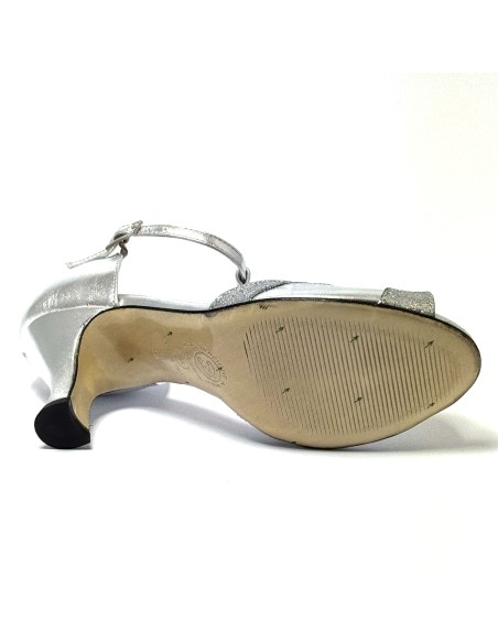 Scarpa da ballo donna latino americano ballo da sala liscio pelle glitter argento suola cuoio tacco 70 rocchetto