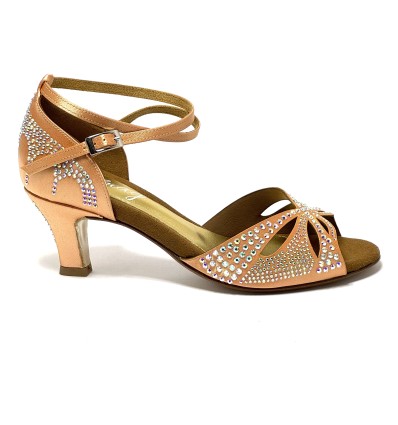 Scarpa da ballo donna per latino americano raso carne con strass suola cuoio tacco 60 