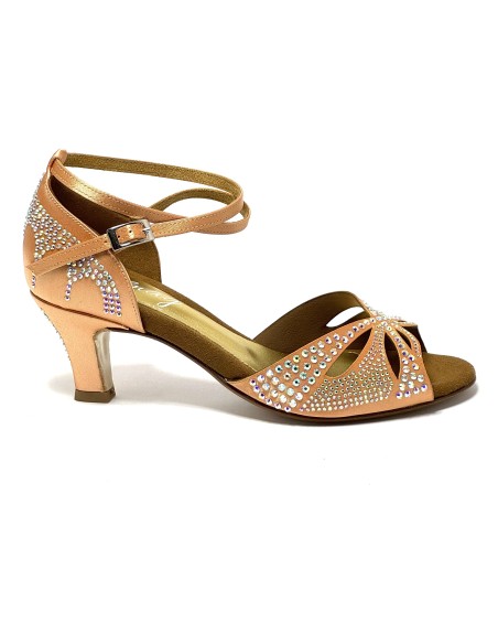 Scarpa da ballo donna per latino americano raso carne con strass suola cuoio tacco 60 
