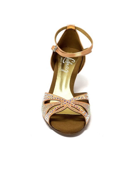 Scarpa da ballo donna per latino americano raso carne con strass suola cuoio tacco 60 