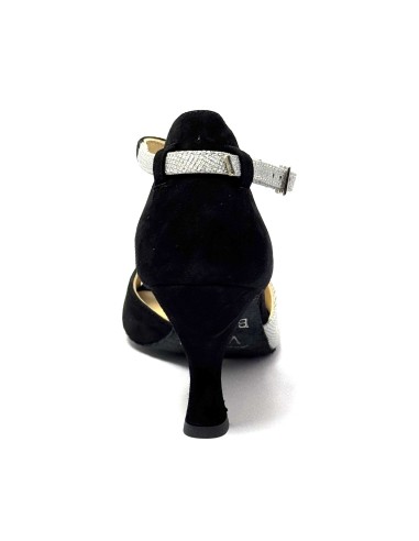 Scarpa da ballo donna latino americano ballo da sala liscio tango camoscio nero tessuto argento suola bufalo tacco 70 rocchetto
