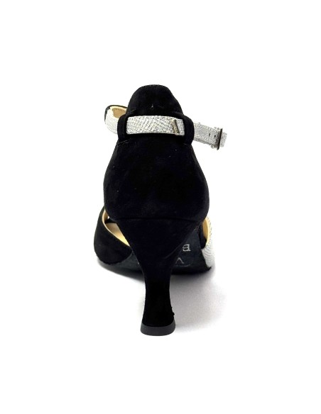 Scarpa da ballo donna latino americano ballo da sala liscio tango camoscio nero tessuto argento suola bufalo tacco 70 rocchetto