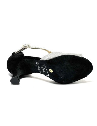 Scarpa da ballo donna latino americano ballo da sala liscio tango camoscio nero tessuto argento suola bufalo tacco 70 rocchetto