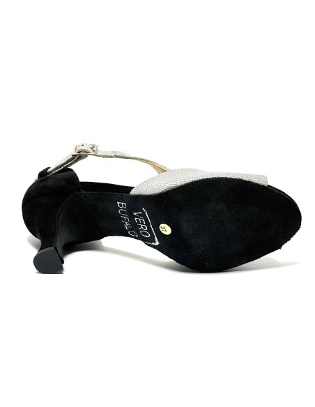 Scarpa da ballo donna latino americano ballo da sala liscio tango camoscio nero tessuto argento suola bufalo tacco 70 rocchetto