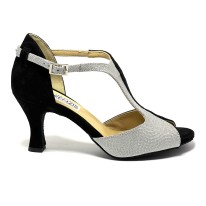 Scarpa da ballo donna latino americano ballo da sala liscio tango camoscio nero tessuto argento suola bufalo tacco 70 rocchetto