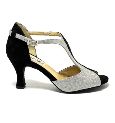 Scarpa da ballo donna latino americano ballo da sala liscio tango camoscio nero tessuto argento suola bufalo tacco 70 rocchetto