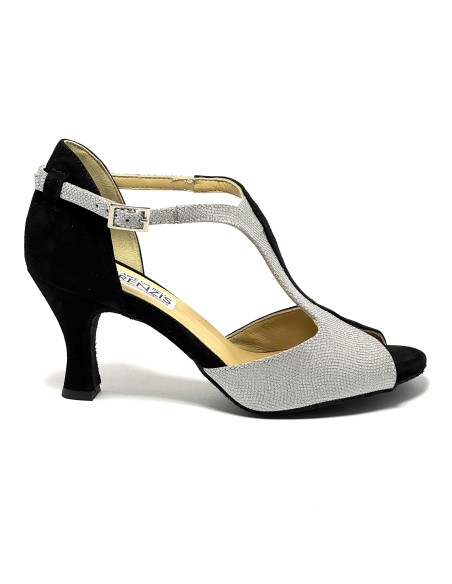 Scarpa da ballo donna latino americano ballo da sala liscio tango camoscio nero tessuto argento suola bufalo tacco 70 rocchetto