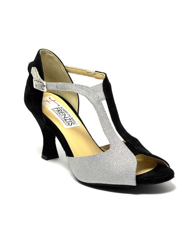 Scarpa da ballo donna latino americano ballo da sala liscio tango camoscio nero tessuto argento suola bufalo tacco 70 rocchetto