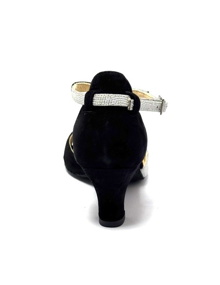 Scarpa da ballo donna latino americano ballo da sala liscio tango camoscio nero tessuto argento suola bufalo tacco 50