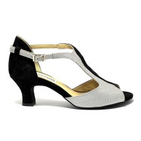 Scarpa da ballo donna latino americano ballo da sala liscio tango camoscio nero tessuto argento suola bufalo tacco 50
