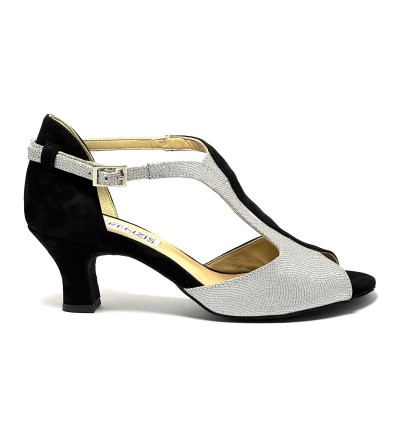 Scarpa da ballo donna latino americano ballo da sala liscio tango camoscio nero tessuto argento suola bufalo tacco 50