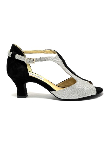 Scarpa da ballo donna latino americano ballo da sala liscio tango camoscio nero tessuto argento suola bufalo tacco 50