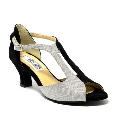 Scarpa da ballo donna latino americano ballo da sala liscio tango camoscio nero tessuto argento suola bufalo tacco 50