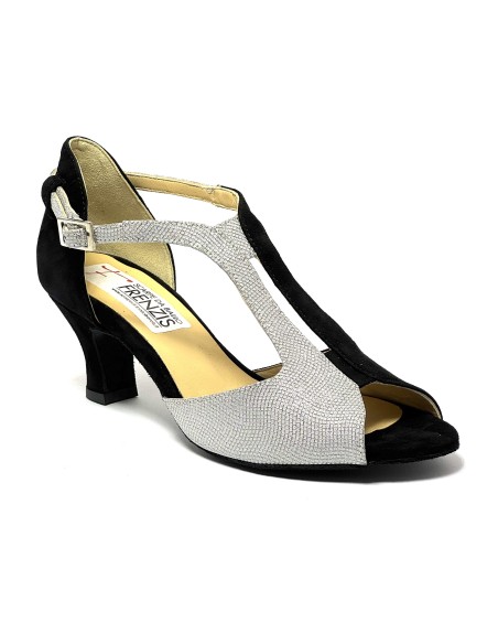 Scarpa da ballo donna latino americano ballo da sala liscio tango camoscio nero tessuto argento suola bufalo tacco 50
