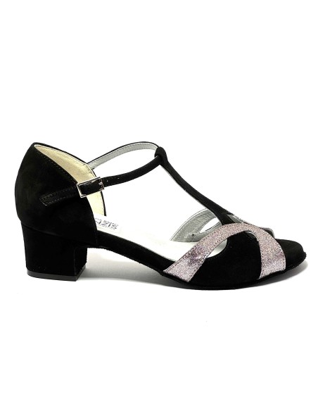 Scarpa da ballo donna latino americano ballo da sala liscio tango camoscio nero glitter arcobaleno suola bufalo tacco 40 largo